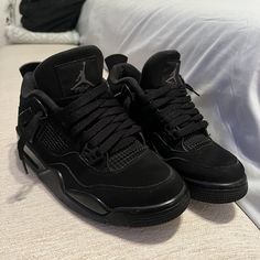 Jordan 4 Retro Mid Black Cat All Black Jordan 4, Jordan Black, Black Jordan 4’s, Sneakers Jordans, All Black Jordan 4’s, Jordan Black Cat 4s, Jordans 4 Black Cat, Jordan Retro 4 Black Cat, Black Shoes Aesthetic