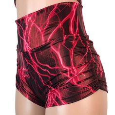 Sexier and more flattering! Our classic booty shorts made in red lightning metallic spandex with ruching on each side. Made to flatter your figure and move with you. This amazing fabric has red lightning streaks (looks amazing under a blacklight) with a gold metallic sheen. These shorts are popular for pole fitness and aerial performers. The standard inseam is 2.5" Red Stretch Gym Shorts, Fitted Red Gym Shorts, Fitted Red Athletic Shorts For Sports, Red Fitted Athletic Shorts For Sports, Fitted Red Athletic Shorts For Gym, Stretch Red Biker Shorts For Gym, Red Stretch Biker Shorts For Gym, Red Stretch High Waist Shorts, High Waist Red Sports Shorts