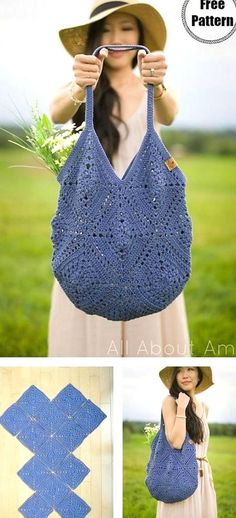 a woman holding a blue crocheted bag in front of her face and wearing a straw hat