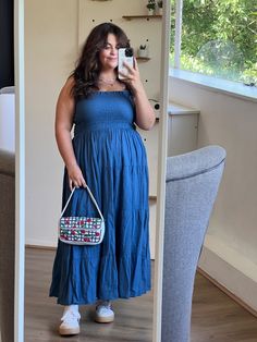 shirred denim dress, denim dress, summer outfit, summer fashion, beaded bag, embellished bag, bead bag, maxi dress, tiered maxi dress, easy summer outfit Denim Dress Summer Outfit, Easy Summer Outfit, Denim Dress Outfit, Denim Dress Summer, Midsize Fashion, Simple Summer Outfits, Embellished Bags, Style Muse