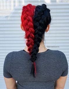 Bright Red Hairstyles, Bright Red Hair Color, Red Hairstyles, Half And Half Hair, Split Dyed Hair, Bright Red Hair, Split Hair, Long Red Hair, Auburn Hair