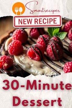 an advertisement for a dessert with raspberries on top and chocolate drizzle