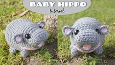 two crocheted hippos sitting next to each other in the grass with text overlay that says, baby hippo