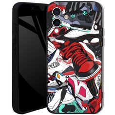 a phone case with an image of sneakers on the front and back cover in red, white