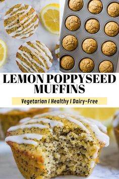 lemon poppy seed muffins with white icing on top