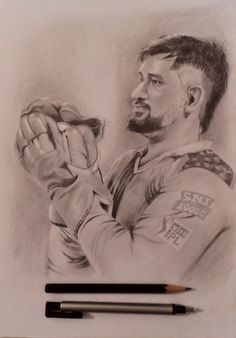 a pencil drawing of a man holding a baseball glove