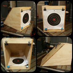 four different shots of a target in a wooden box