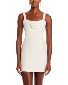 Likely Maeve Rosette Mini Dress Feminine Formal Off White Mini Dress, Off White Feminine Formal Mini Dress, Elegant Off White Mini Dress For Formal Occasions, Elegant Cream Mini Dress With Straight Neckline, Elegant Mini Dress With Straight Neckline In Cream, Formal Cream Sheath Mini Dress, Feminine Cream Mini Dress For Cocktail, Elegant Off-white Dress With Square Neck, Elegant Off White Dress With Square Neck