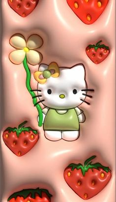 an image of a hello kitty with strawberries and strawberrys on the bottom right side