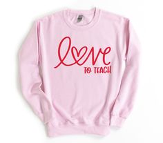 ~~Love To Teach~~ Screen printed design on a regular UNISEX fit short sleeve t-shirt. There is also a unisex fit sweatshirt option. 1st size chart is for tees. 2nd size chart is for sweatshirts. The color menu is for shirt color. The design is red as shown. **The example picture is light pink** If you would like a color that is not listed please message me and I will check for availability. You can see all of my teacher related designs at the following link: https://www.etsy.com/shop/MissyLuLus? Math Teacher Shirts, Teacher Team, Xmas Shirts, Teacher Tees, Fun Sweatshirts, Screen Printing Designs, Blue Sweatshirt, Valentines Day Shirts, Valentines Shirt