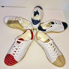 Andrew Stevens Made In Spain Leather Uppers Raffia Sole Multi Colored And Size Variations Available Red, Blue, Gold Metallic, Nautical Stripe They Run Small - We Recommend Going Up A Size Please Inquire As To Which Size And Color You May Be Interested In And We Will Check Stock And Get Back To You Asap! Thank You! White Sneakers With Stitched Sole, White Leather Sneakers With Cork-bed Midsoles, Summer Sneakers With Leather Sole And Flat Shape, White Beach Sneakers With Textured Sole, Summer Flat Sneakers With Leather Sole, White Textured Sole Sneakers For Beach, White Textured Sole Beach Sneakers, Beach Sneakers With Textured Sole And Lace-up Design, Beach Sneakers With Textured Sole