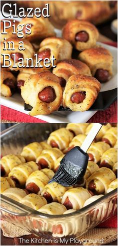 Glazed Pigs In a Blanket Poker Night Snacks Appetizers, Little Pigs In A Blanket, Appetizer For Game Night, Finger Foods For Game Night, Beef Pigs In A Blanket Recipe, Heavy Snacks For Party, Mini Pigs In A Blanket Crescent Rolls, Dessert Finger Foods For Party, Heavy Appetizers Christmas