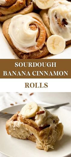 two pictures with bananas and cinnamon rolls on them