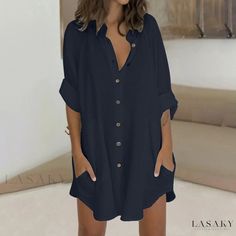 Lasaky - Woman's Cotton Blend Blouse with Asymmetrical Sleeve Comfortable Maxi Dresses, Plus Size Shirt Dress, Plus Size Shirt, Black Plus Size, Casual Chique, Loose Fit Shirts, Collared Shirt Dress, Cotton Blends Dress, Dress Shirt Sleeves