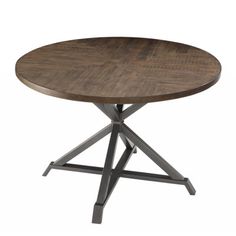 a round wooden table with metal legs