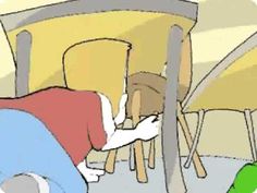 a person bending over to pick up something from the floor under a table and chairs