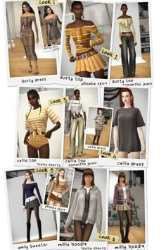 many different types of women's clothing on display in multiple pictures, with the names and