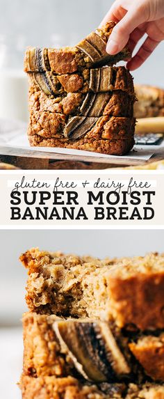 banana bread is cut in half and stacked on top of each other with the words super moist banana bread