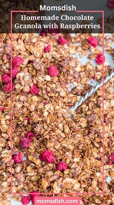 homemade chocolate granola with raspberries is shown in front of a pink frame