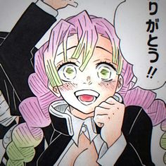 a drawing of a woman with pink hair and green eyes holding a cell phone to her ear