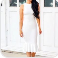 Beautiful White Midi Dress Nwt. Great For A Bride- Fitted With Bottom Ruffle And Cross Back Fitted Sleeveless Midi Dress For Brunch, White Sleeveless Knee-length Dress For Brunch, White Feminine Bodycon Dress For Brunch, White Feminine Midi-length Bodycon Dress, White Feminine Sleeveless Bodycon Dress, Feminine White Sleeveless Bodycon Dress, Feminine White Midi Length Bodycon Dress, Feminine White Midi Bodycon Dress, Casual White Sleeveless Dress For Date Night