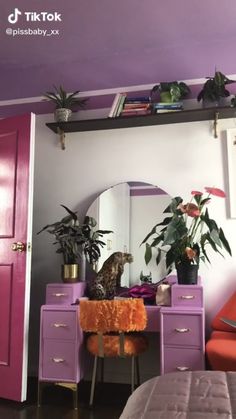 a room with a desk, mirror and plants on the shelf above it in front of a pink door