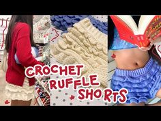 crochet ruffle shorts and sweaters are featured in this collage with the words crochet ruffle shorts