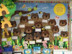 a bulletin board with bears and bees on it