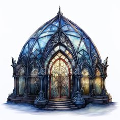 an artistic rendering of a gothic church with stained glass doors and steps leading up to the entrance