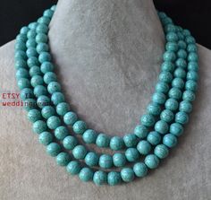 10mm turquoise necklace,triple strand turquoise bead necklace,wedding necklace,statement necklace,bi Statement Necklace Wedding, Black Agate Necklace, Turquoise Stone Jewelry, Colour Turquoise, Big Necklace, Jewelry Turquoise, Turquoise Bead Necklaces, Black Bead Necklace, Round Necklace