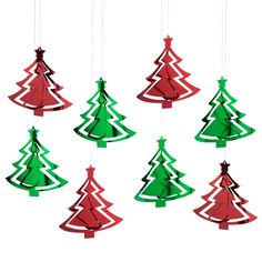 paper christmas trees hanging from strings on a white background