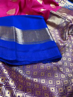 Hot Pink with Blue Traditional Banarasi Handloom Saree | Floral Design | Banarasi Silk Saree | Kaash Collection - Kaash Collection Blue Wedding Saree With Border, Royal Saree With Zari Work, Blue Festive Blouse Piece With Border, Gold Saree Sets For Festival, Festive Blue Blouse Piece With Border, Royal Traditional Wear For Festive Ceremonies, Royal Gold Traditional Wear With Zari Work, Blue Traditional Wear With Border For Festive Season, Gold Traditional Wear With Border For Celebration