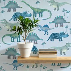 a potted plant sitting on top of a wooden shelf next to a wallpaper