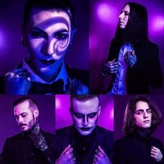 several photos of a man with his face painted blue and wearing makeup, posing in front of a purple background