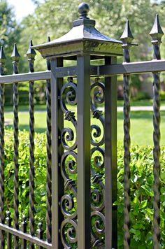 an iron fence in the middle of some bushes