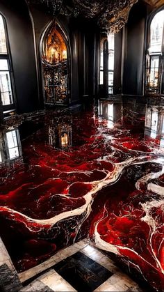 the floor is covered in red and black marble