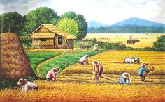 a painting of people working in a field