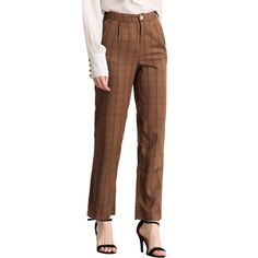 These pants are essential for dressing up or down. Lightweight fabric, covered in a plaid pattern, shapes these trendy trousers with a high-rise fit. How it is a bit high waist and how it gathers at the waist adding shape to the body. You may love everything about these trousers, from their regular fit to the elastic high-waist, which could double as a hiding mechanism for women with love handles. Style these trousers with a crop top and heels for the ultimate look. This fashionable and trendy c Trendy Trousers, Plaid Pants Women, Trendy Trouser, Pants Elastic Waist, Long Trousers, Plaid Pants, Work Clothes, Khaki Color, Casual Work