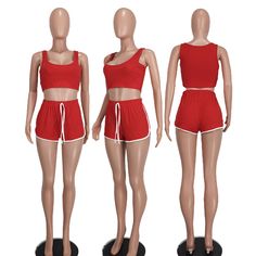 Solid Color Sportswear Ribbed Two Piece Shorts Set Casual Red Activewear For Sports, Sleeveless Cotton Activewear For Leisure, Summer Stretch Activewear For Leisure, Cotton Sleeveless Leisure Activewear, Summer Leisure Stretch Activewear, Stretch Sportswear Shorts For Leisure, Sportswear Stretch Shorts For Leisure, Summer Leisure Activewear With Drawstring, Stretch Moisture-wicking Athletic Shorts For Leisure