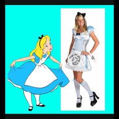 a woman in an alice costume standing next to a cartoon character wearing a dress and shoes