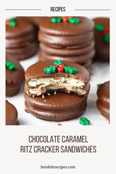 chocolate caramel ritz cracker sandwiches with christmas decorations