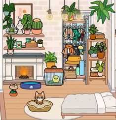 a living room filled with lots of plants and potted plants on shelves next to a fire place