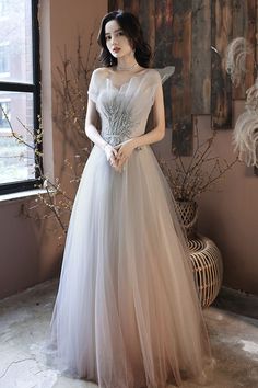 Gray tulle sequins long prom dress gray evening dress Gray Evening Dress, Prom Dress A Line, Grey Evening Dresses, Prom Dress Long, A Line Evening Dress, Satin Tulle, Special Clothes, Evening Dress Fashion, A Line Prom Dresses