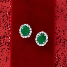 Ross-Simons - 3.50ct t. w. Emerald, 1.25ct t. w. Diamond Earrings in 18kt White Gold. A rich combination of gemstones that will surely elevate your formal wear. At the center, 3.50 ct. t. w. oval emeralds are framed by 1.25 ct. t. w. round brilliant-cut diamonds in polished 18kt white gold. A gorgeous pair of earrings for your jewelry collection. Post/clutch, diamond and emerald earrings. Emerald birthstones are the perfect gift for May birthdays. May Birthdays, Emerald Diamond Earrings, Emerald Birthstone, Earrings Emerald, Emerald Earrings Studs, May Birthday, White Gold Jewelry, Emerald Earrings, Emerald Diamond