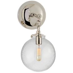 a light fixture with a clear glass globe on the front and an open bulb attached to it