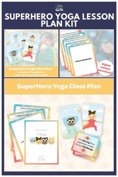 Educational yoga kit for children titled 'Superhero Yoga Lesson Plan Kit.' Features cartoon superhero yoga cards, detailed yoga routines, and affirmation cards for boosting confidence. Presented in bright colors with text promoting six pose cards and an instant digital download option.