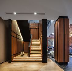 the stairs are made of wood and black