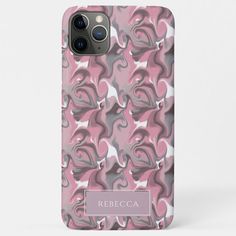 a pink and grey phone case with an animal print on the back, in front of a white background