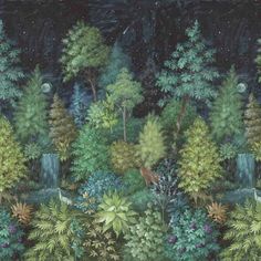 a painting of trees and bushes in the night