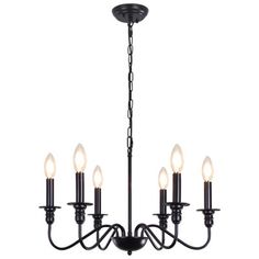 a black chandelier with five lights hanging from it's center and four arms